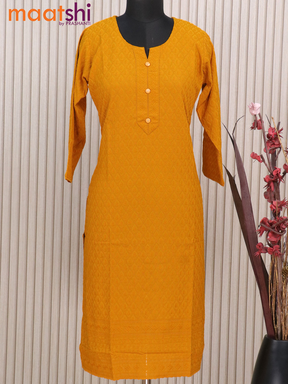 Soft cotton readymade kurti mustard yellow with allover chikankari work & simple neck pattern without pant