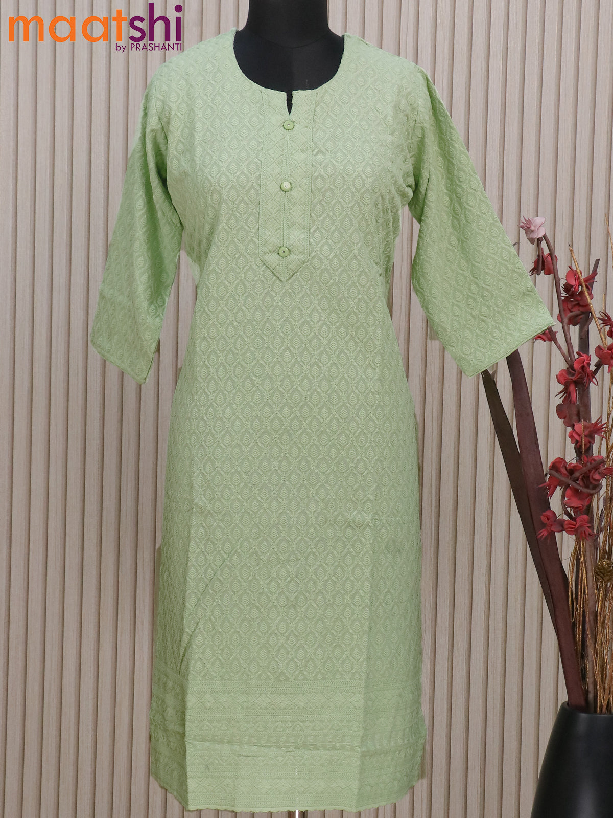 Soft cotton readymade kurti pastel green with allover chikankari work & simple neck pattern without pant