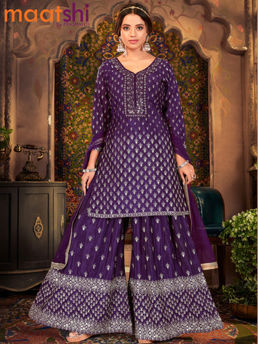 Silk georgette readymade kurti set deep purple with allover sequin & mirror work neck pattern and sharara pant & netted dupatta