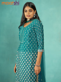 Silk georgette readymade kurti set peacock blue with allover sequin & mirror work neck pattern and sharara pant & netted dupatta