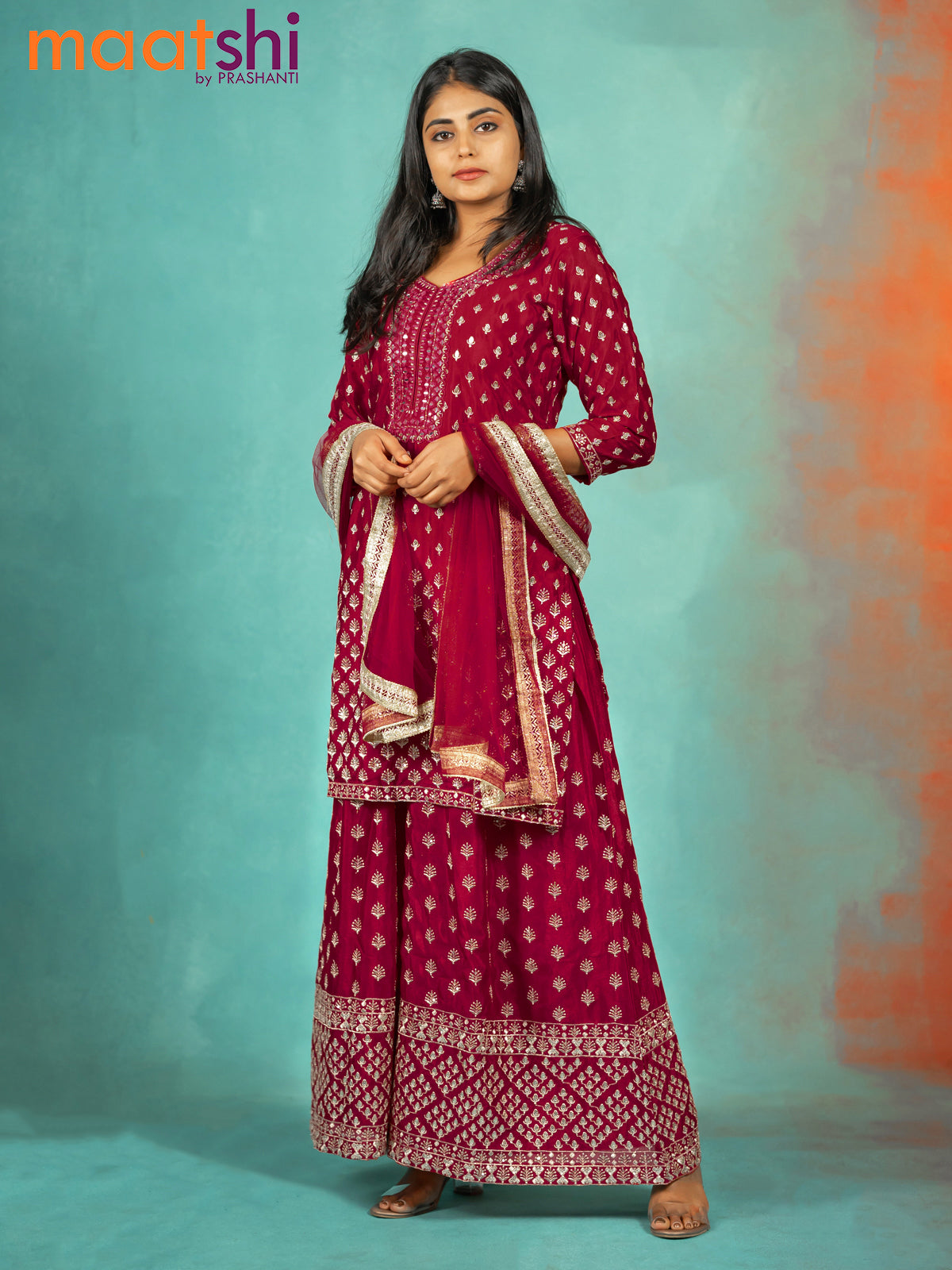 Silk georgette readymade kurti set red with allover sequin & mirror work neck pattern and sharara pant & netted dupatta