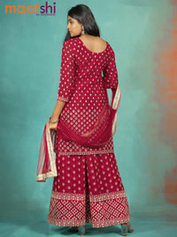 Silk georgette readymade kurti set red with allover sequin & mirror work neck pattern and sharara pant & netted dupatta