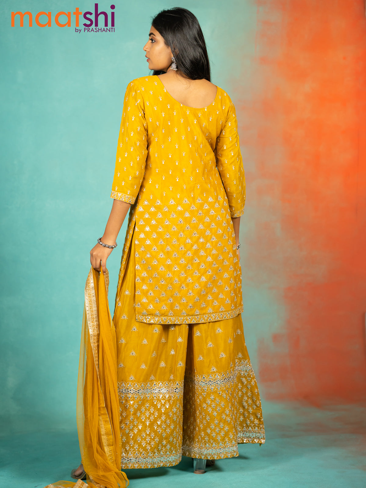 Silk georgette readymade kurti set mustard yellow with allover sequin & mirror work neck pattern and sharara pant & netted dupatta