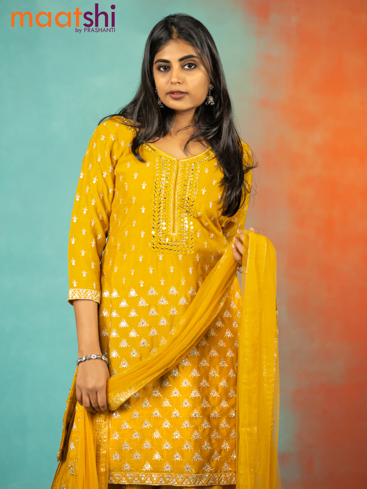 Silk georgette readymade kurti set mustard yellow with allover sequin & mirror work neck pattern and sharara pant & netted dupatta