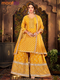 Silk georgette readymade kurti set mustard yellow with allover sequin & mirror work neck pattern and sharara pant & netted dupatta