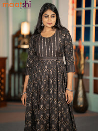 Modal readymade floor length kurti dark military green with allover prints & kantha work neck pattern without pant