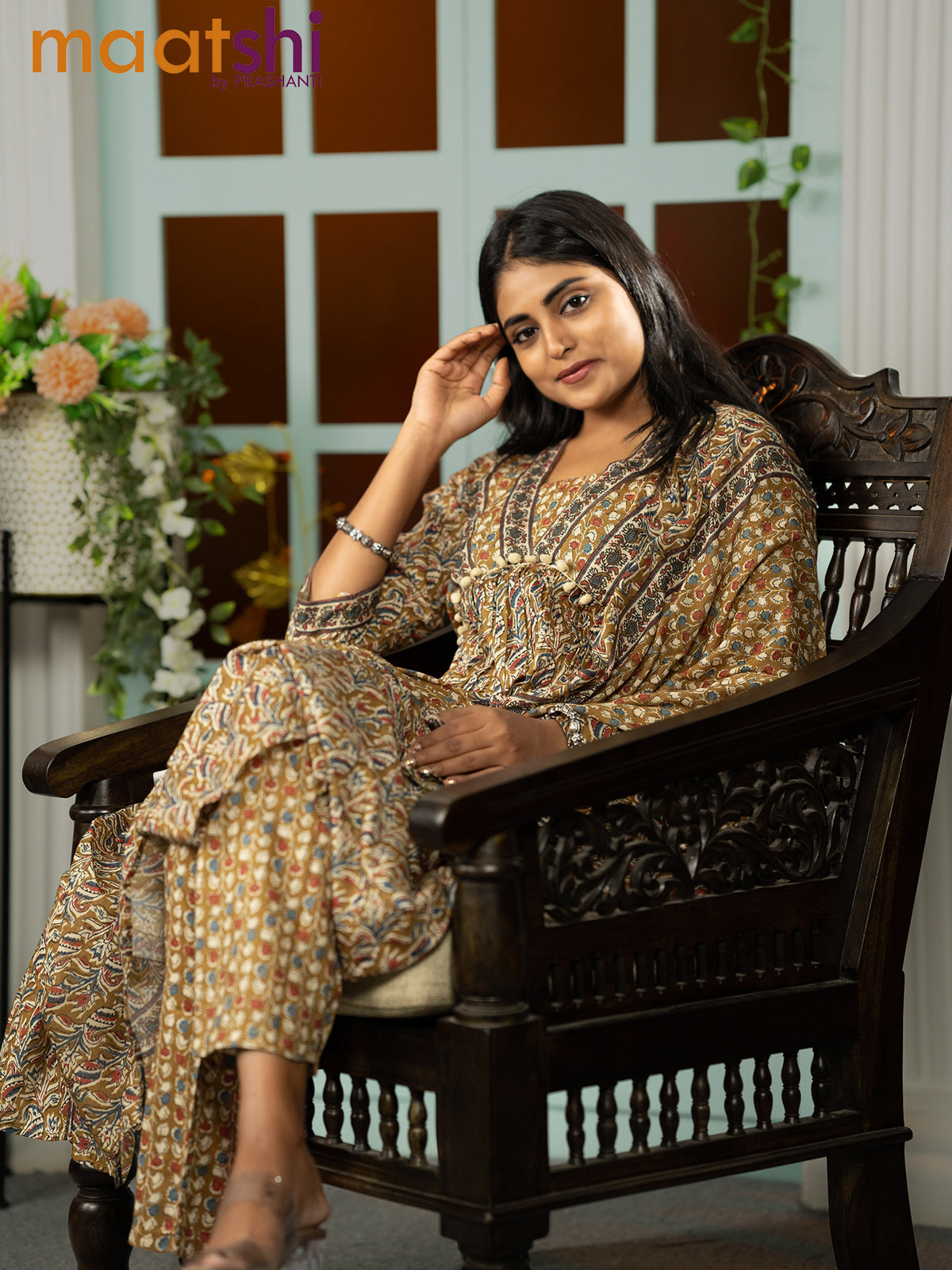 Cotton readymade alia cut kurti set dark mustard with allover kalamkari prints & alia cut neck pattern and straight cut pant & dupatta