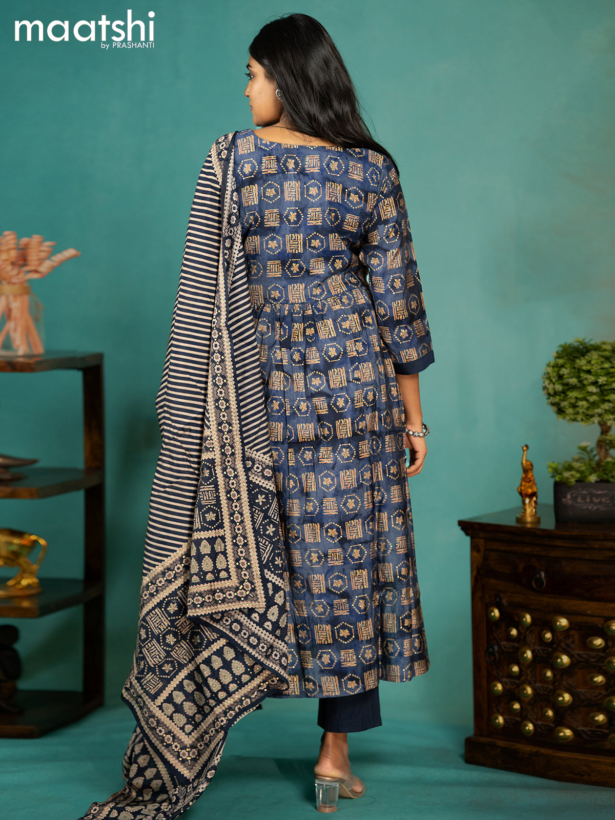 Modal readymade naira cut kurti set dark blue with allover prints & mirror work neck pattern and straight cut pant & printed dupatta