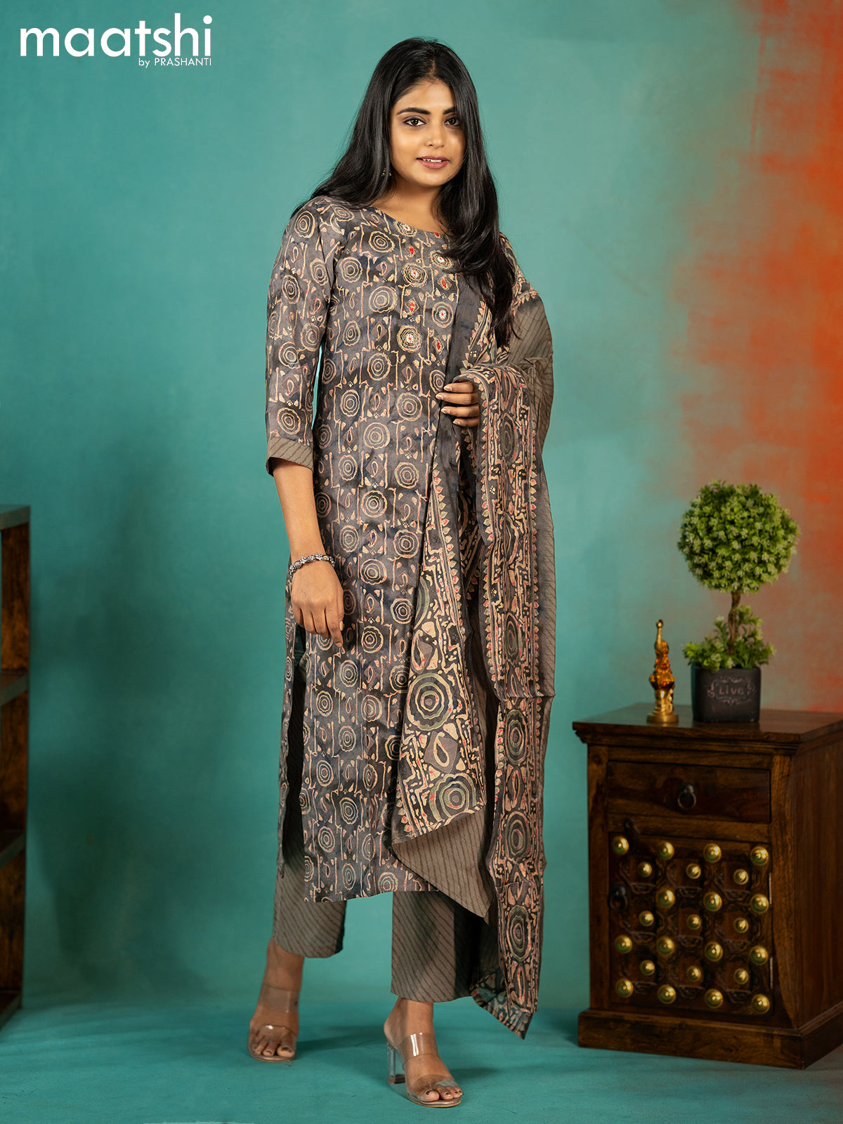 Modal readymade kurti set grey shade with allover prints & mirror work neck pattern and straight cut pant & printed dupatta