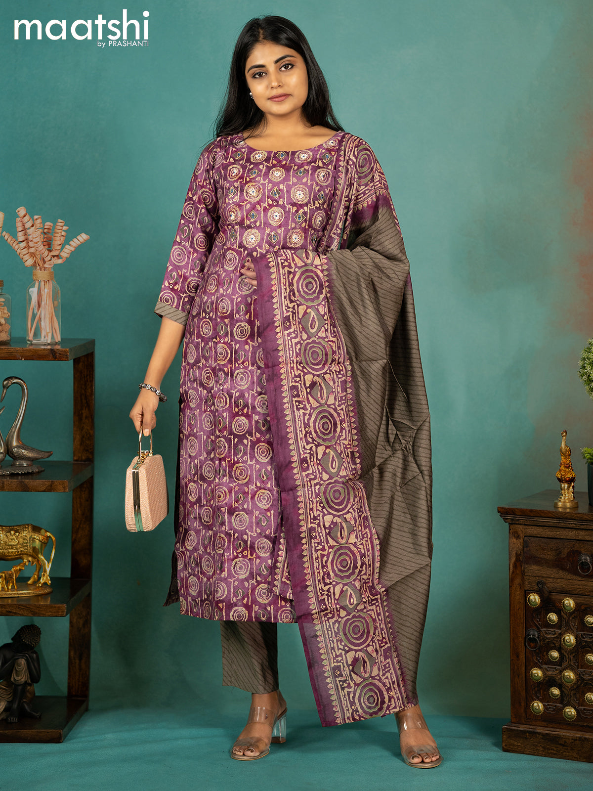 Modal readymade kurti set dark magenta pink and grey shade with allover prints & mirror work neck pattern and straight cut pant & printed dupatta