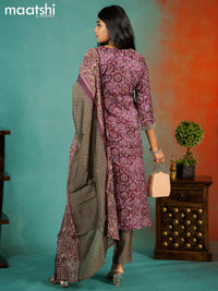 Modal readymade kurti set dark magenta pink and grey shade with allover prints & mirror work neck pattern and straight cut pant & printed dupatta