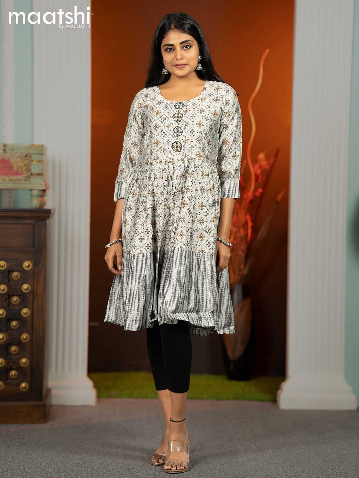 Modal readymade umbrella short kurti grey with allover prints & beaded work neck pattern without pant