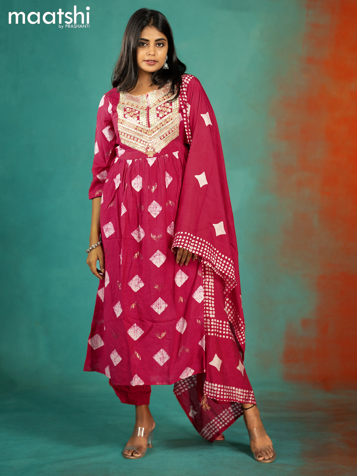 Soft cotton readymade naira cut kurti suit pink with allover batik prints & embroidery work neck pattern and palazzo pant & printed dupatta