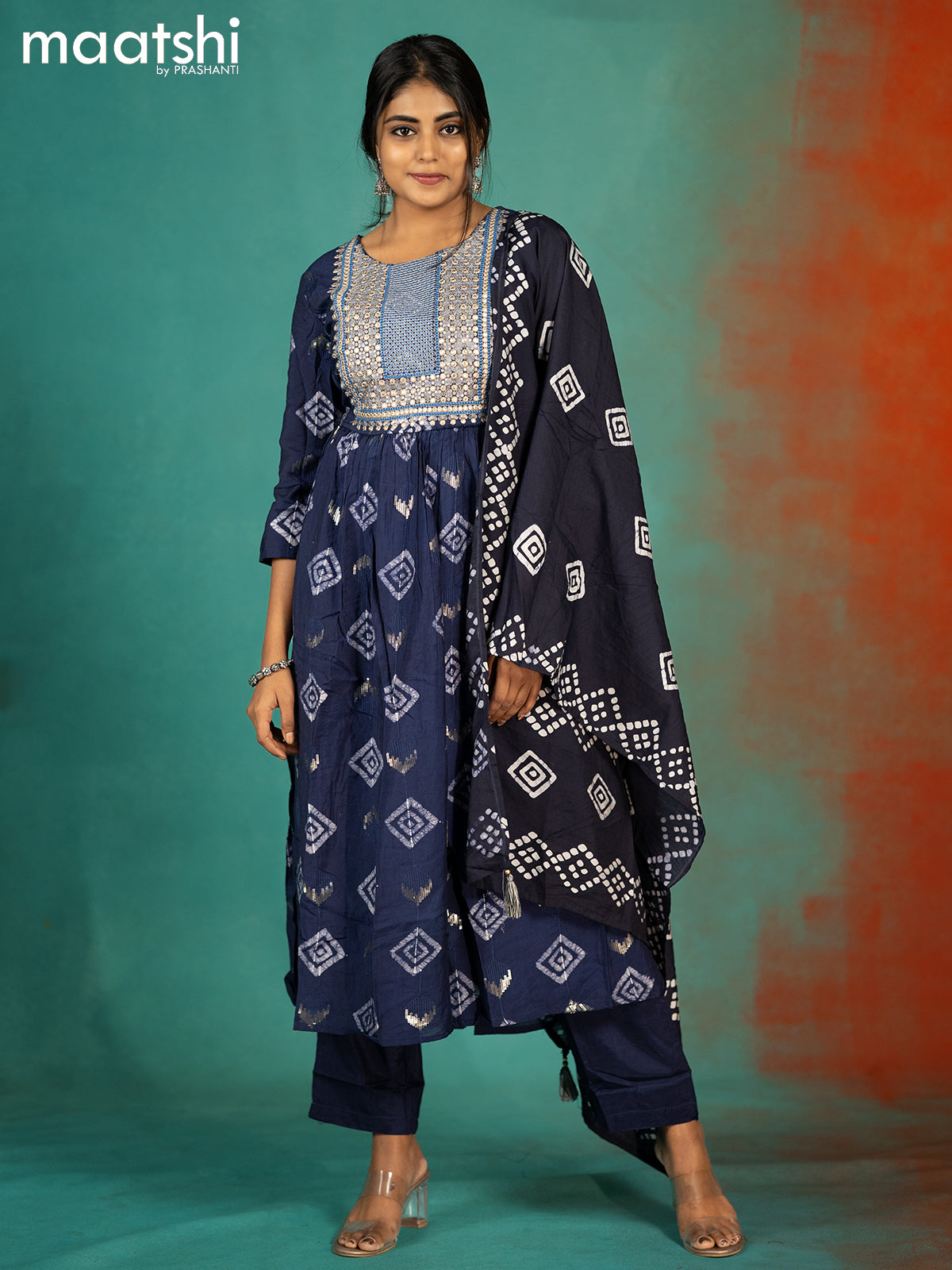 Soft cotton readymade naira cut kurti suit dark blue with allover batik prints & embroidery work neck pattern and palazzo pant & printed dupatta