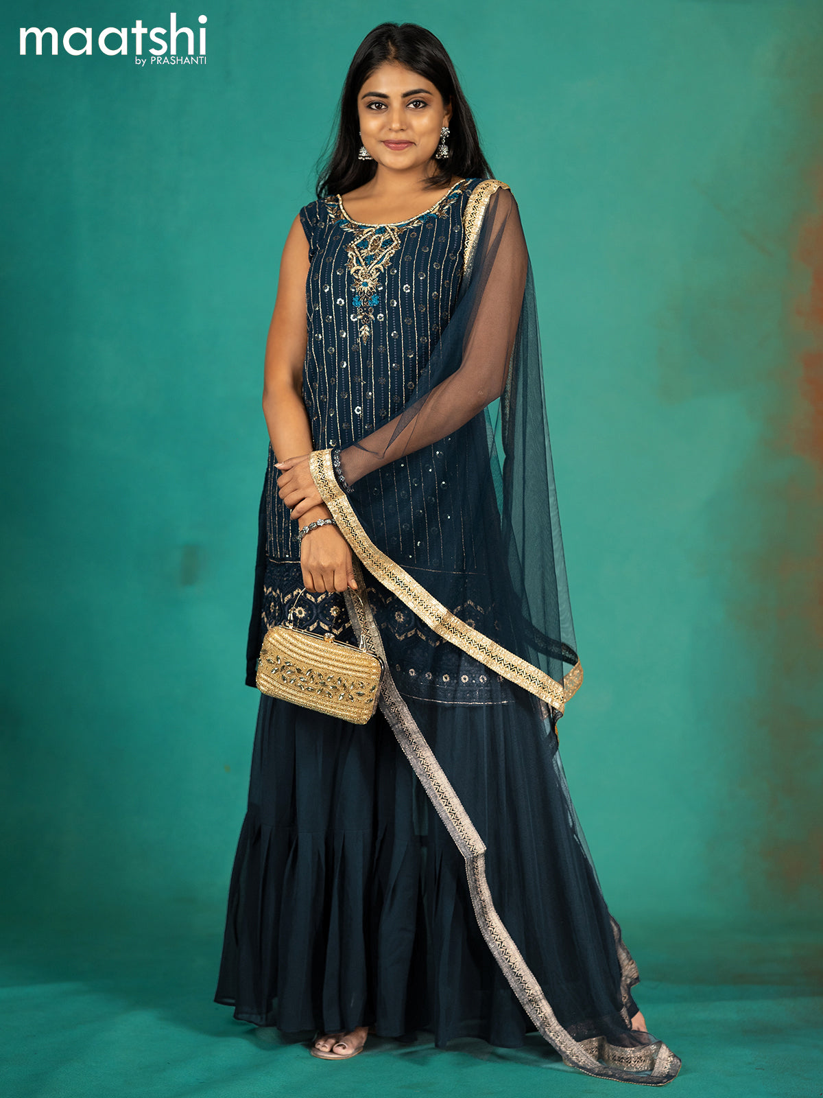 Silk georgette readymade kurti set peacock blue with allover sequin & embroidery work neck pattern and sharara pant & netted dupatta