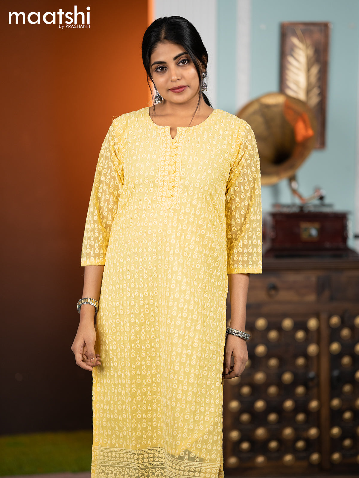 Georgette readymade kurti yellow with allover chikankari work without pant