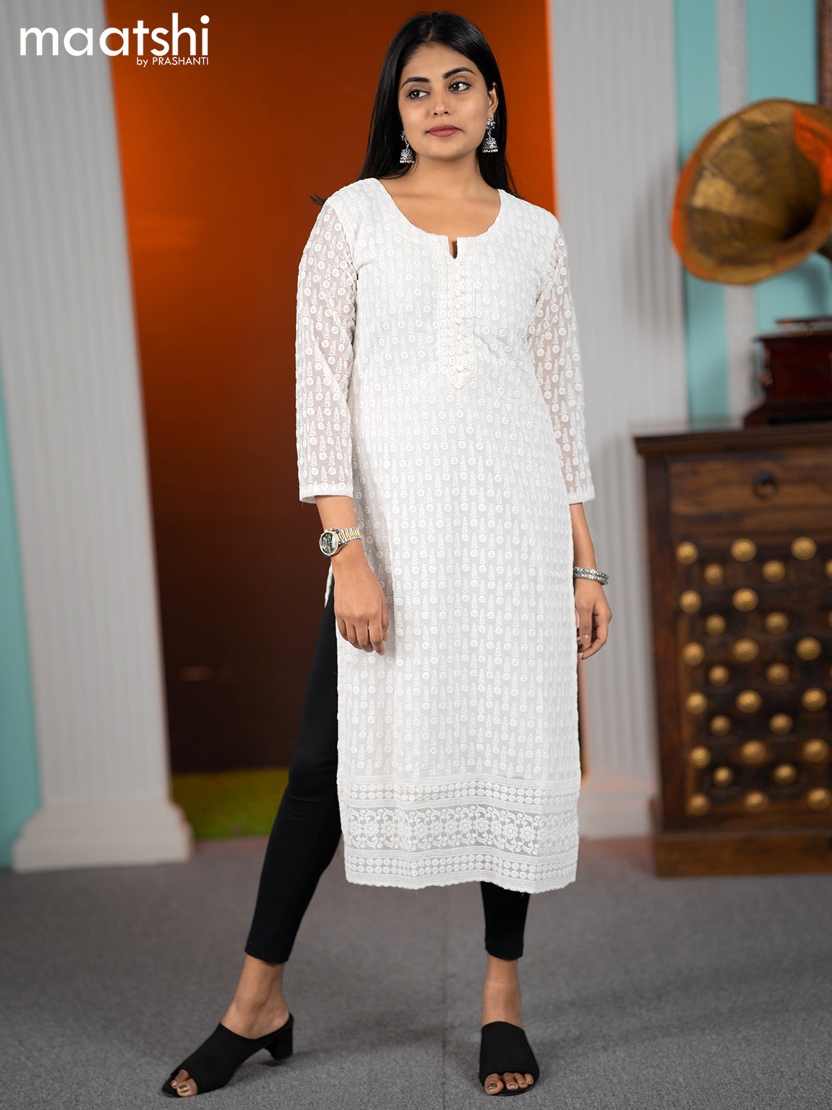 Georgette readymade kurti off white with allover chikankari work without pant