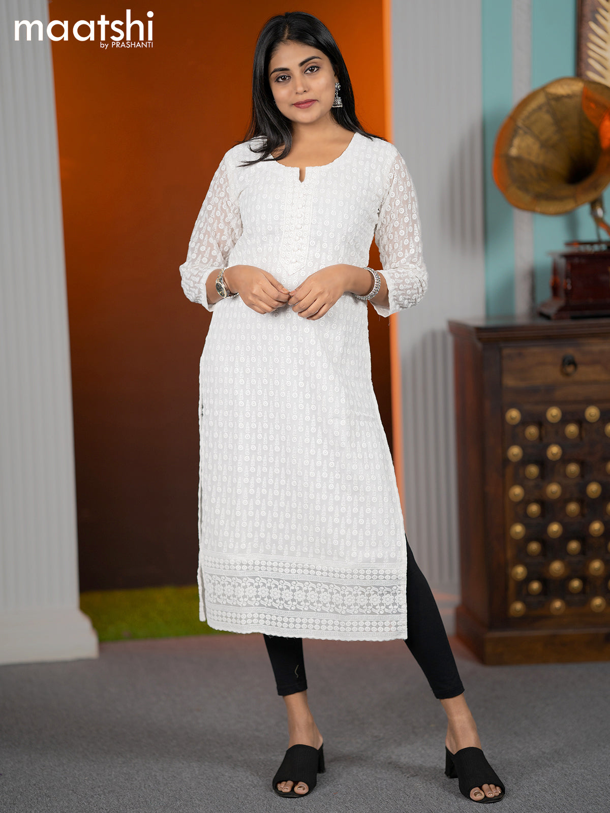 Georgette readymade kurti off white with allover chikankari work without pant