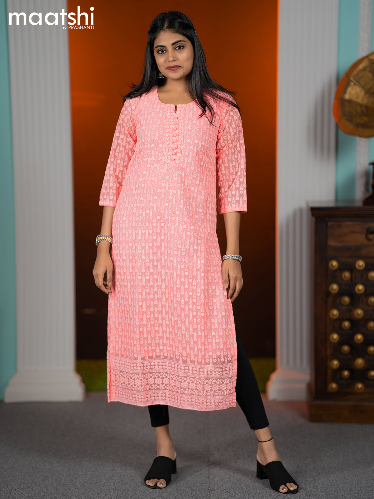 Georgette readymade kurti peach pink with allover chikankari work without pant