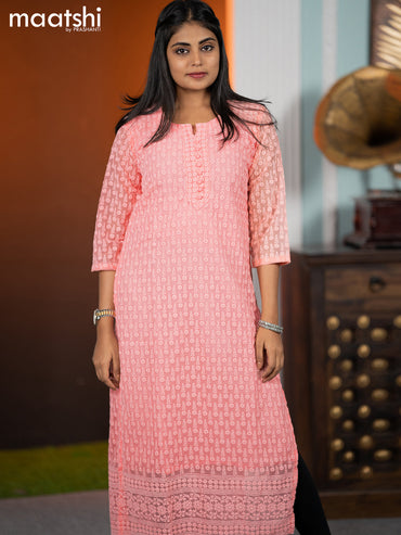 Georgette readymade kurti peach pink with allover chikankari work without pant