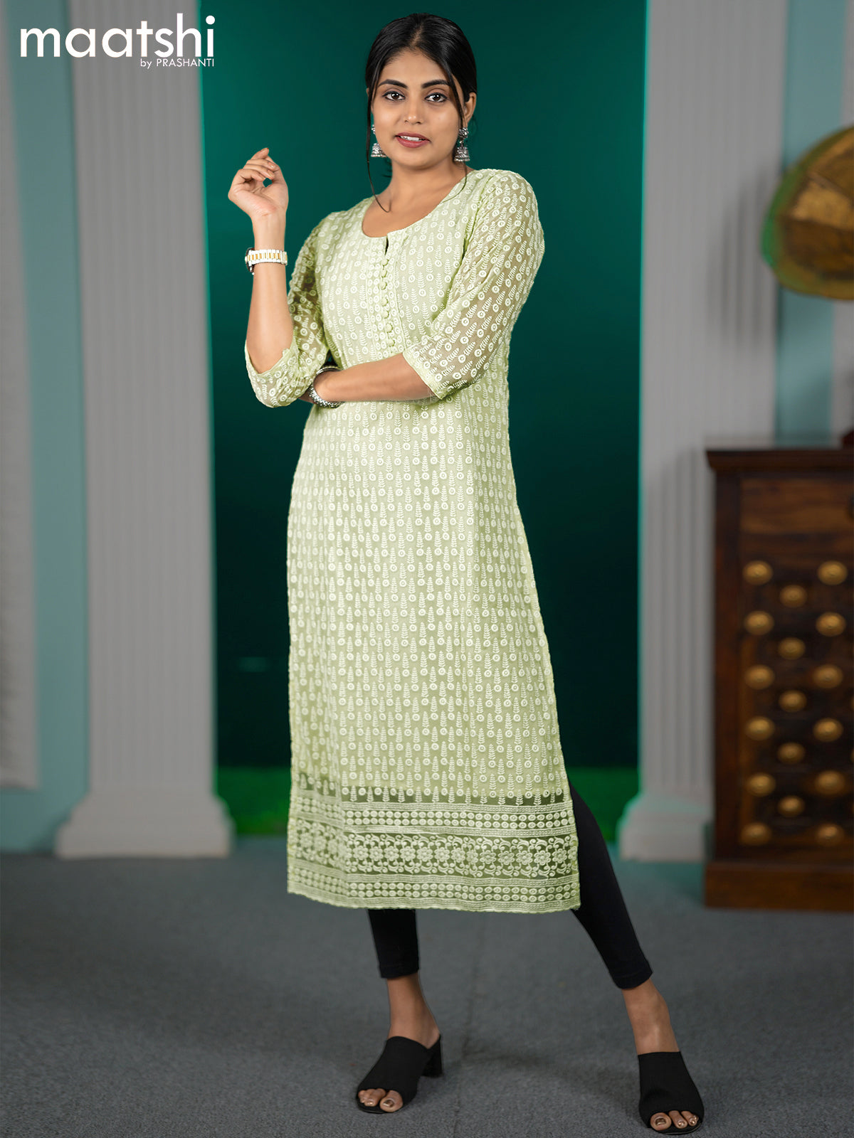 Georgette readymade kurti pista green with allover chikankari work without pant