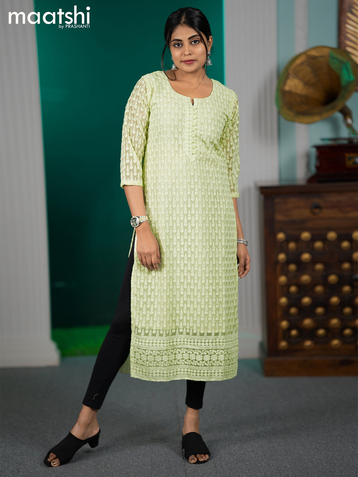 Georgette readymade kurti pista green with allover chikankari work without pant