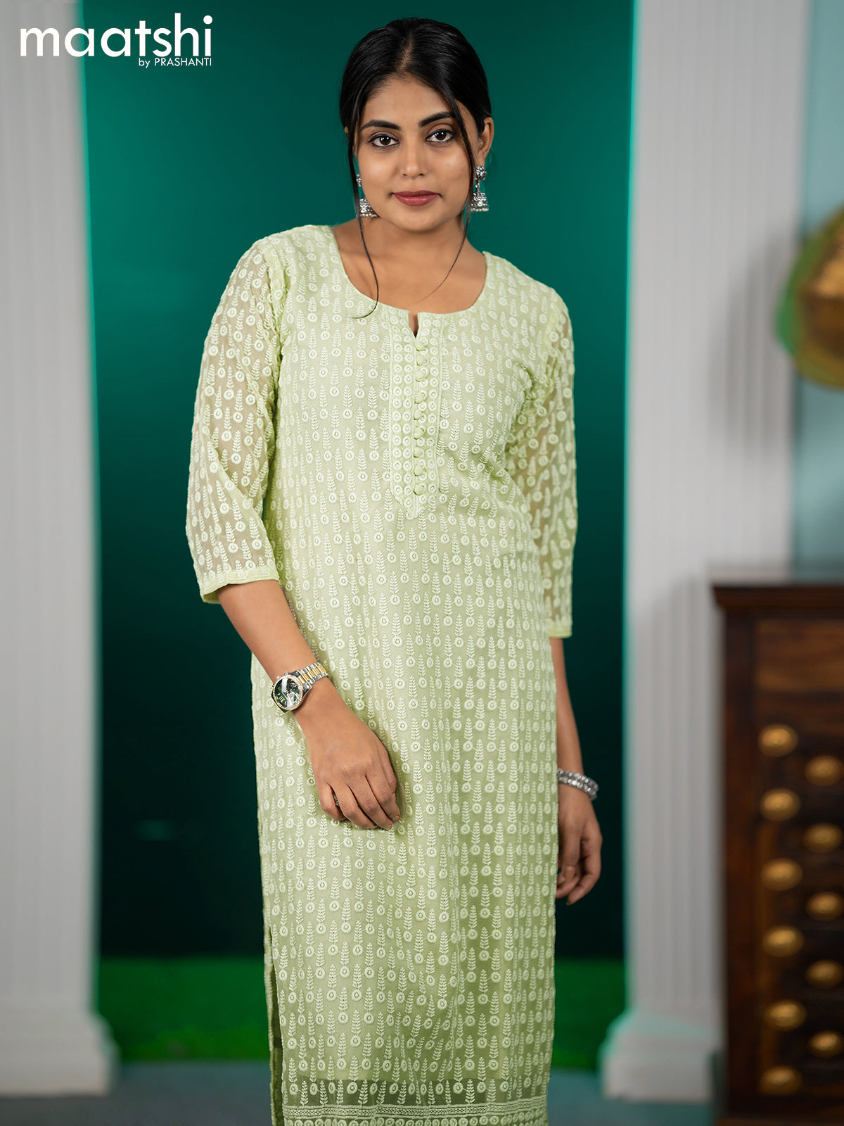 Georgette readymade kurti pista green with allover chikankari work without pant