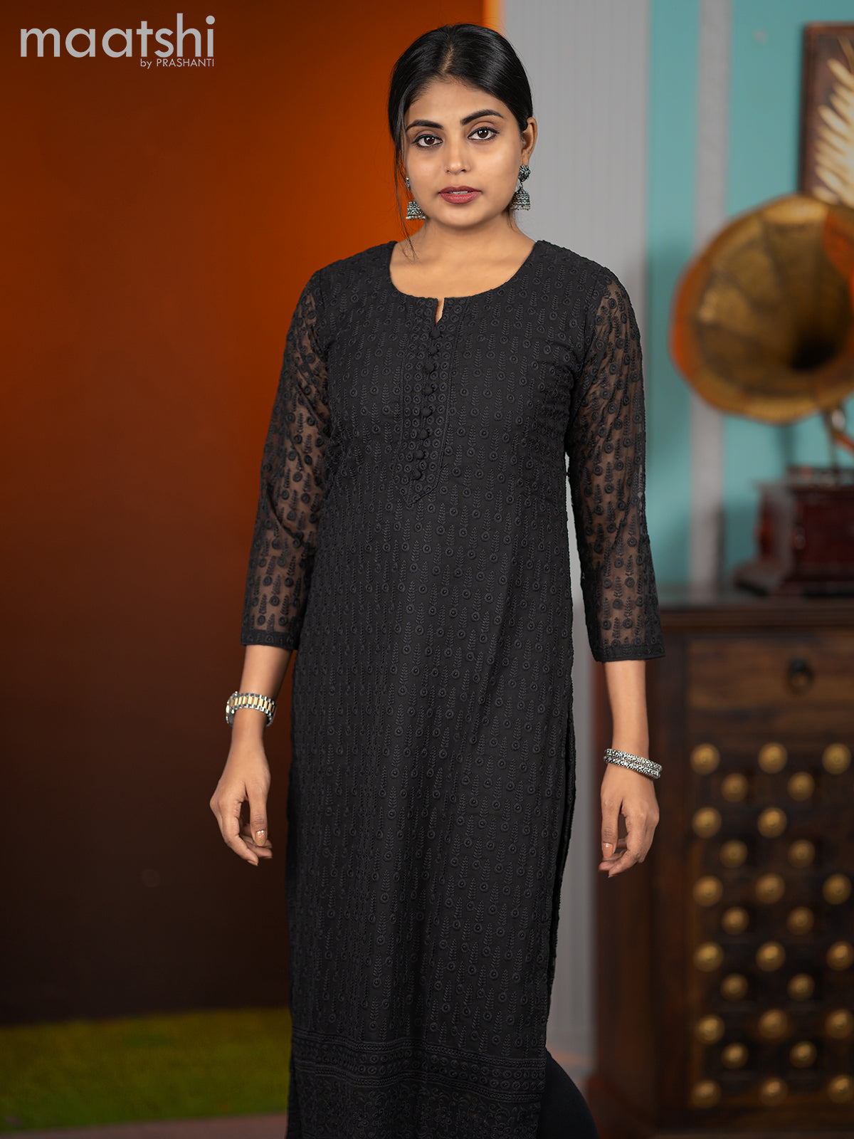 Georgette readymade kurti black with allover chikankari work without pant