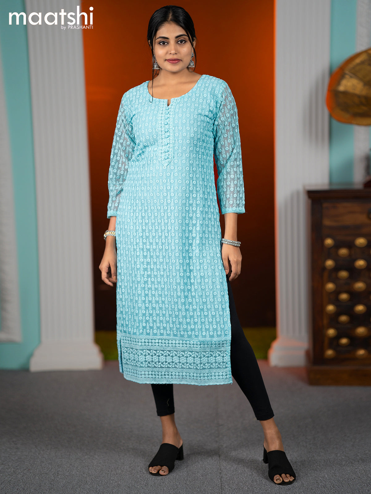 Georgette readymade kurti light blue with allover chikankari work without pant