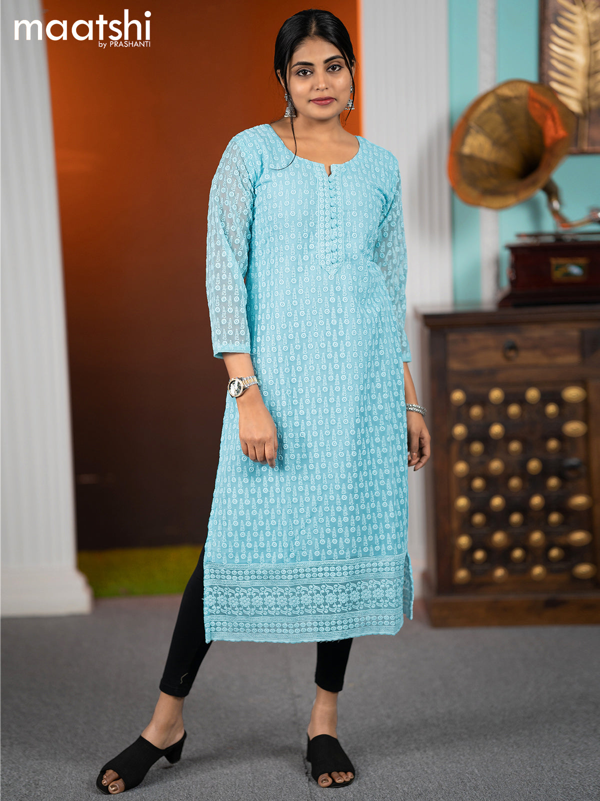 Georgette readymade kurti light blue with allover chikankari work without pant