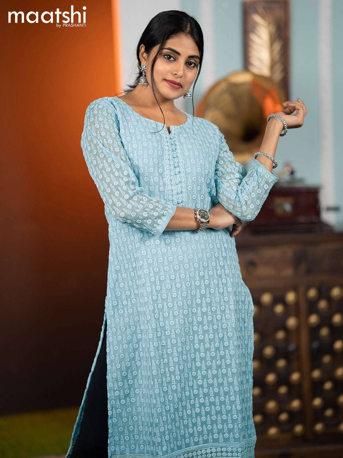 Georgette readymade kurti light blue with allover chikankari work without pant