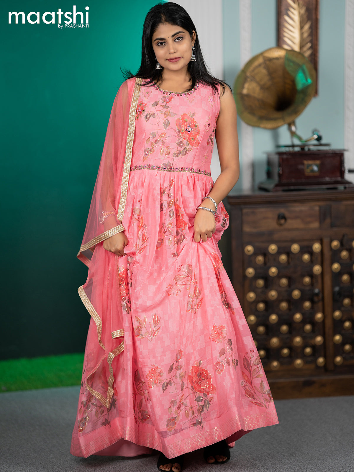 Chiffon readymade anarkali salwar suits light pink with floral prints & mirror embroidery work neck pattern and straight cut pant & netted dupatta