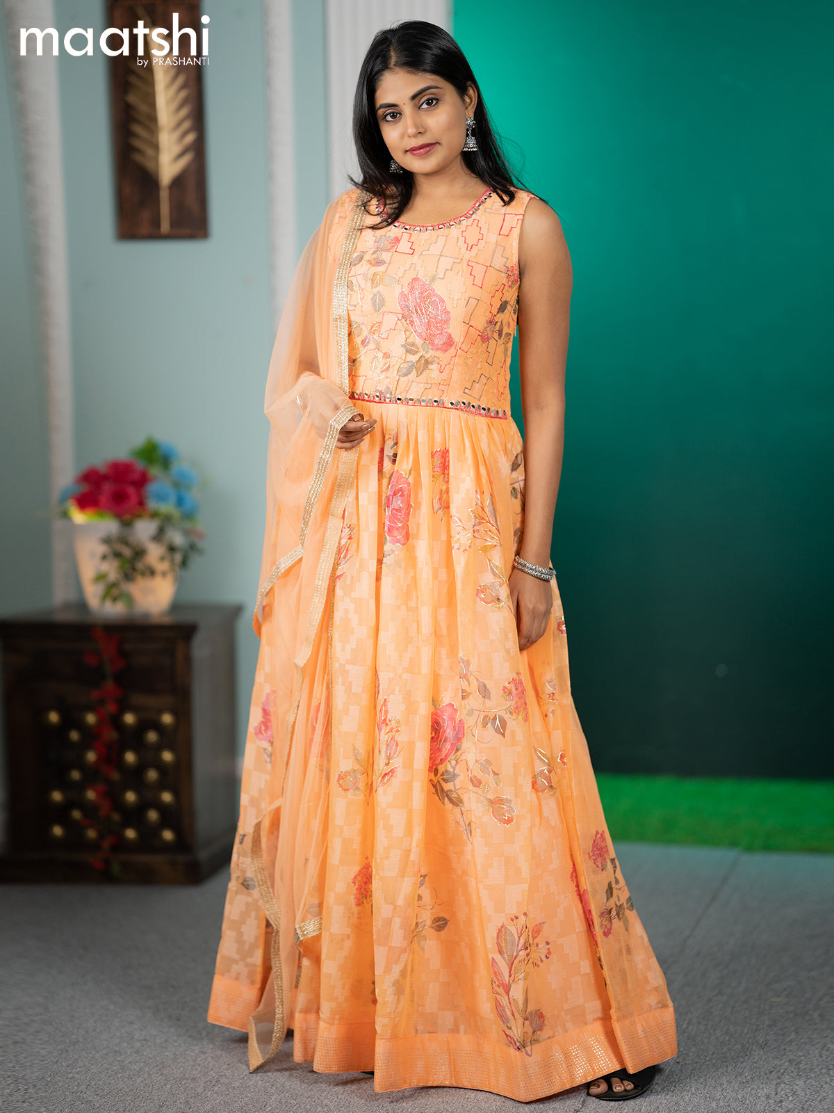 Chiffon readymade anarkali salwar suit peach orange with floral prints & mirror embroidery work neck pattern and straight cut pant & netted dupatta