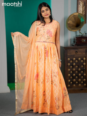 Chiffon readymade anarkali salwar suit peach orange with floral prints & mirror embroidery work neck pattern and straight cut pant & netted dupatta