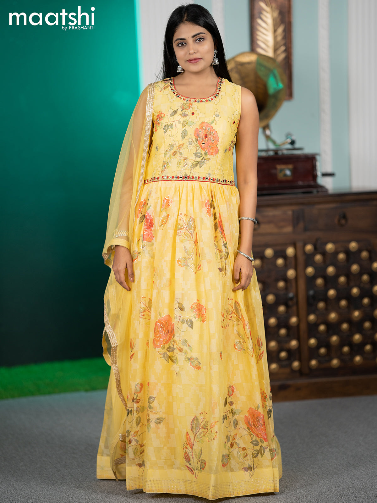 Chiffon readymade anarkali salwar suit yellow with floral prints & mirror embroidery work neck pattern and straight cut pant & netted dupatta