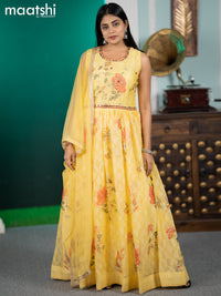 Chiffon readymade anarkali salwar suit yellow with floral prints & mirror embroidery work neck pattern and straight cut pant & netted dupatta