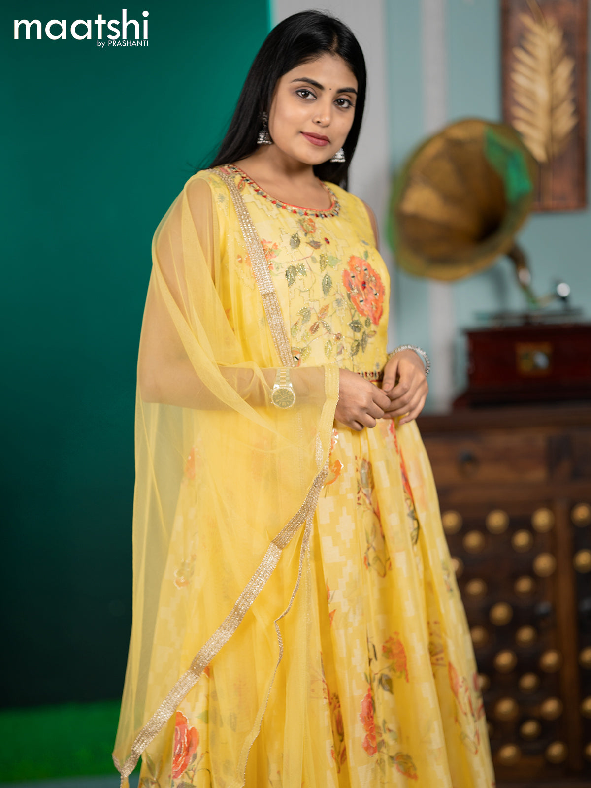 Chiffon readymade anarkali salwar suit yellow with floral prints & mirror embroidery work neck pattern and straight cut pant & netted dupatta