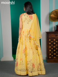 Chiffon readymade anarkali salwar suit yellow with floral prints & mirror embroidery work neck pattern and straight cut pant & netted dupatta