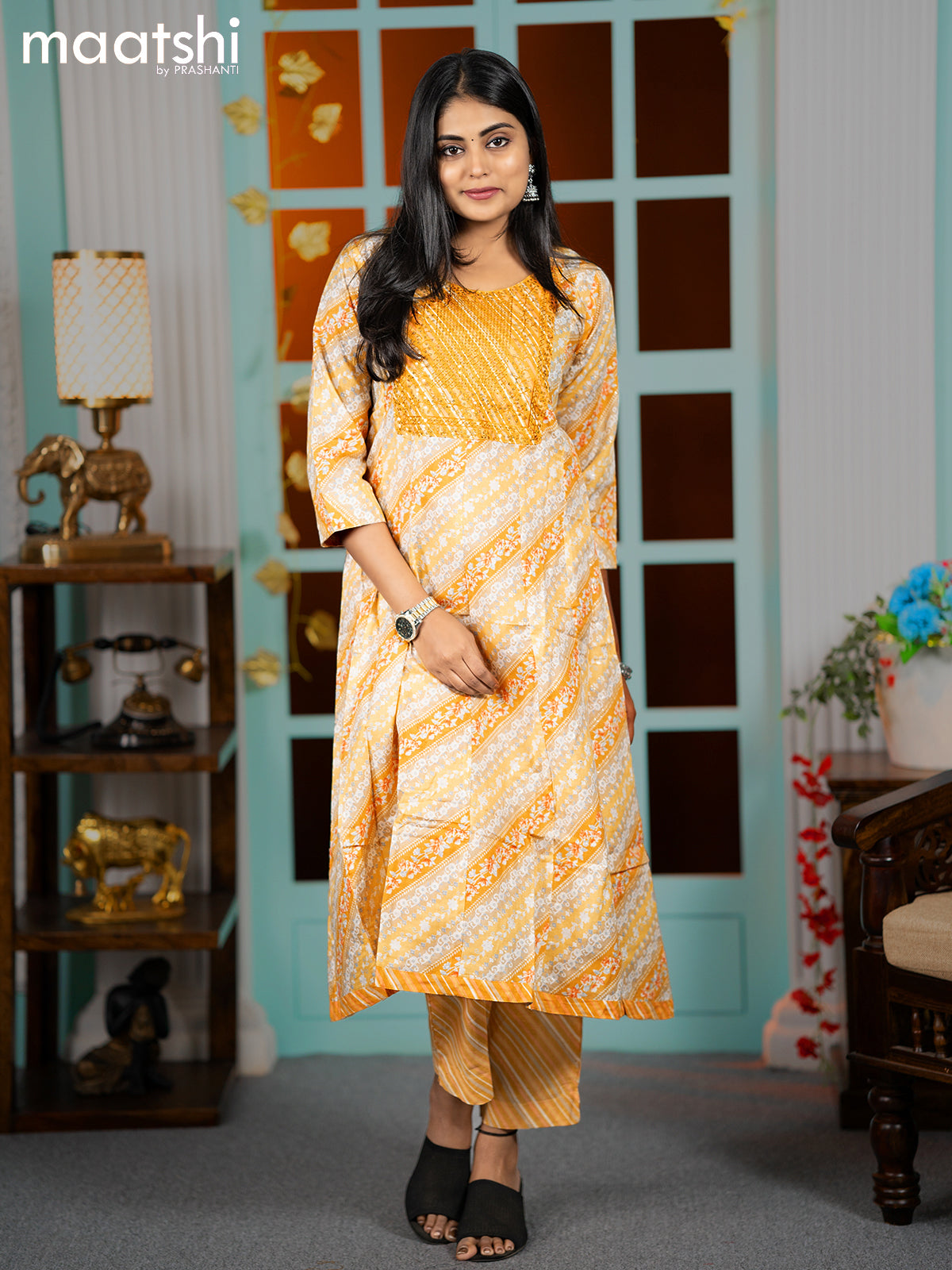 Cotton readymade anarkali kurti yellow shade with allover floral prints & sequin embroidery work neck pattern and straight cut pant