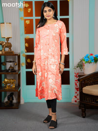 Rayon readymade A-line kurti peach orange with allover floral prints & simple neck pattern without pant