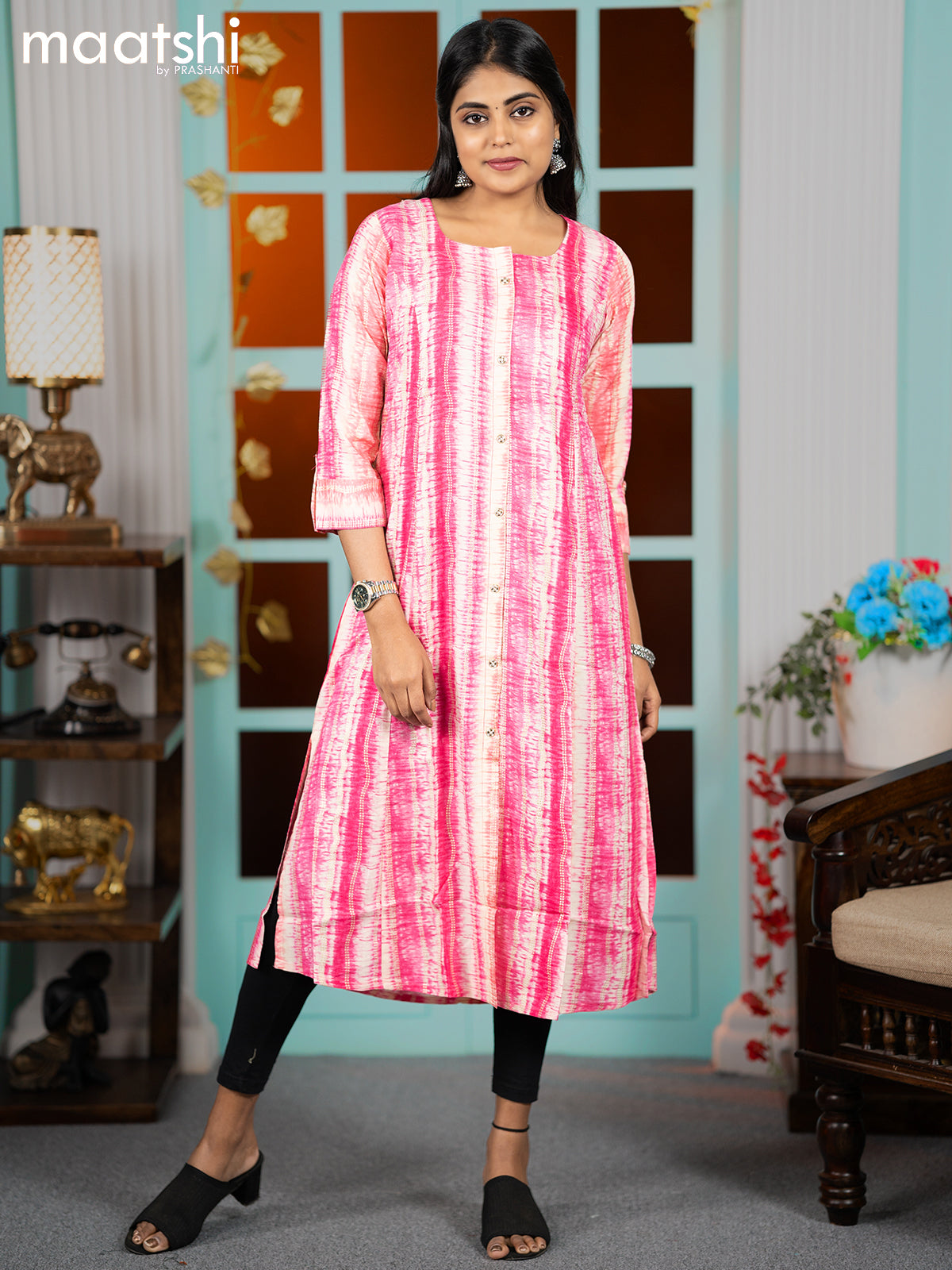 Rayon readymade A-line kurti pink and beige with allover batik prints & simple neck pattern without pant