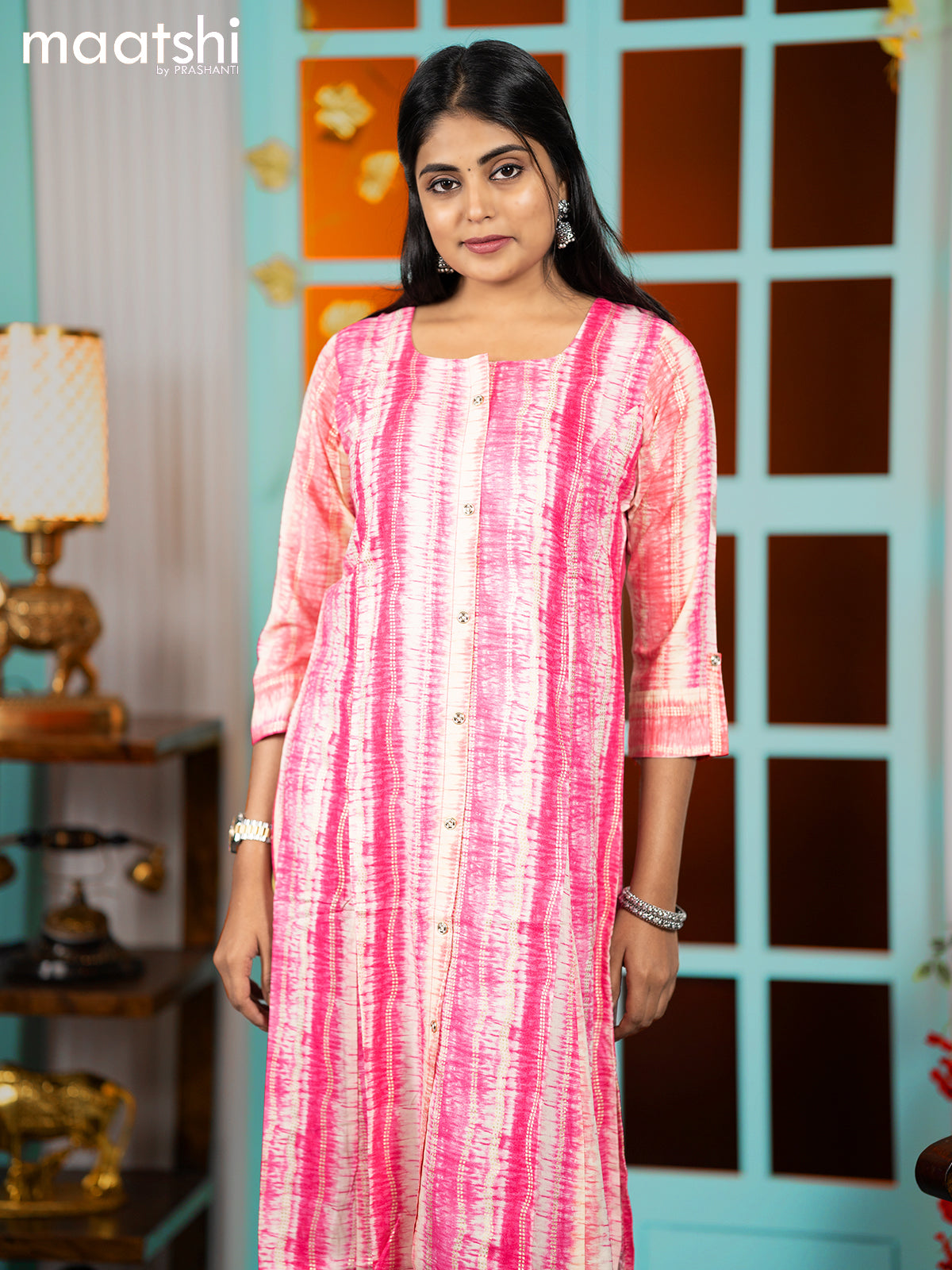 Rayon readymade A-line kurti pink and beige with allover batik prints & simple neck pattern without pant