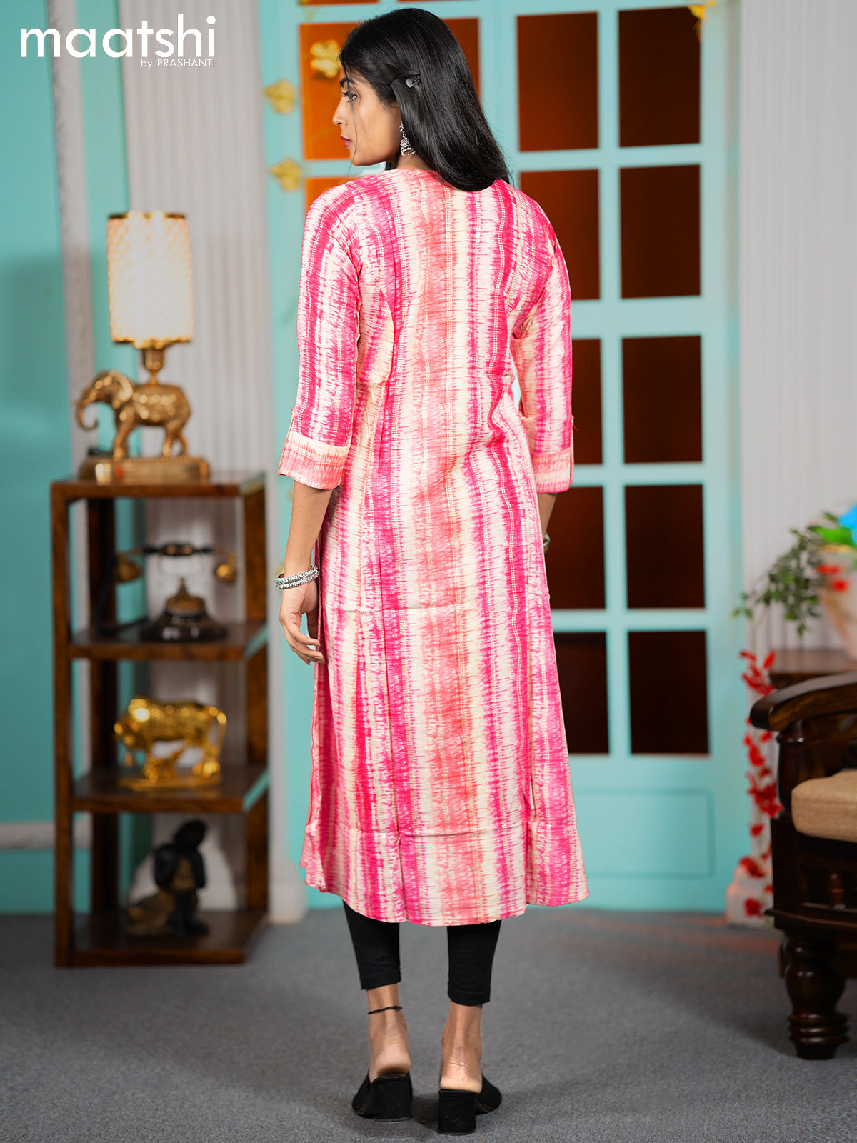 Rayon readymade A-line kurti pink and beige with allover batik prints & simple neck pattern without pant