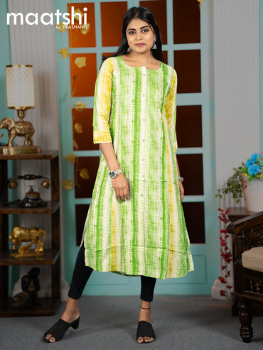 Rayon readymade A-line kurti green and lime green with allover batik prints & simple neck pattern without pant