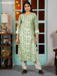 Modal readymade kurti green shade and beige with batik prints & mirror work neck pattern and straight cut pant