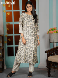 Modal readymade kurti grey and off white with batik prints & mirror work neck pattern and straight cut pant