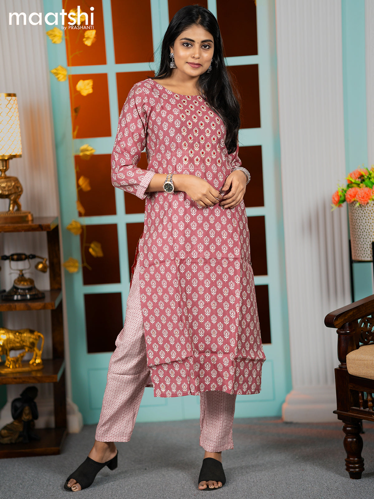 Modal readymade kurti pastel maroon shade with allover butta prints & embroidery work neck pattern and straight cut pant