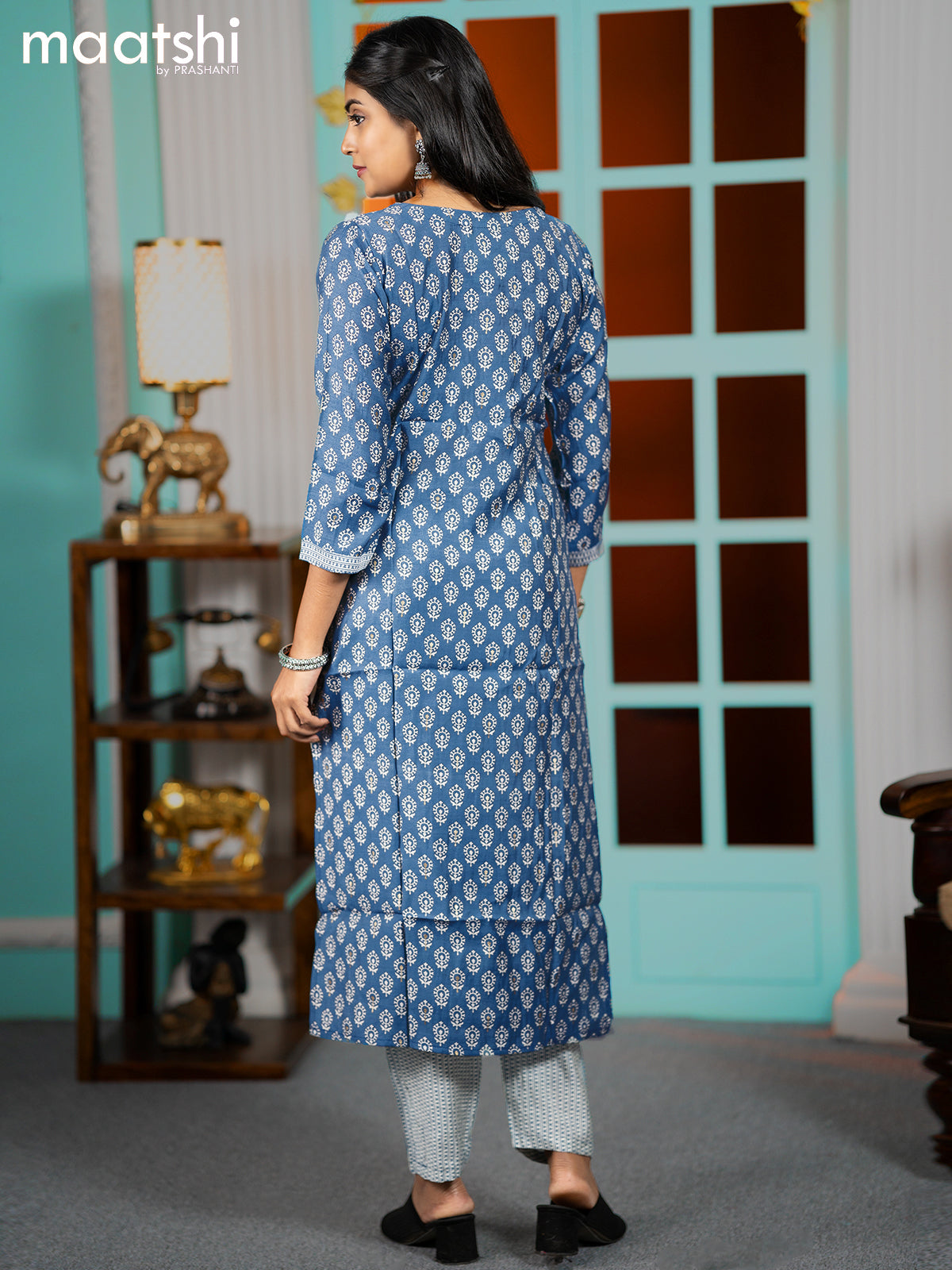 Modal readymade kurti blue shade and off white with allover butta prints & embroidery work neck pattern and straight cut pant