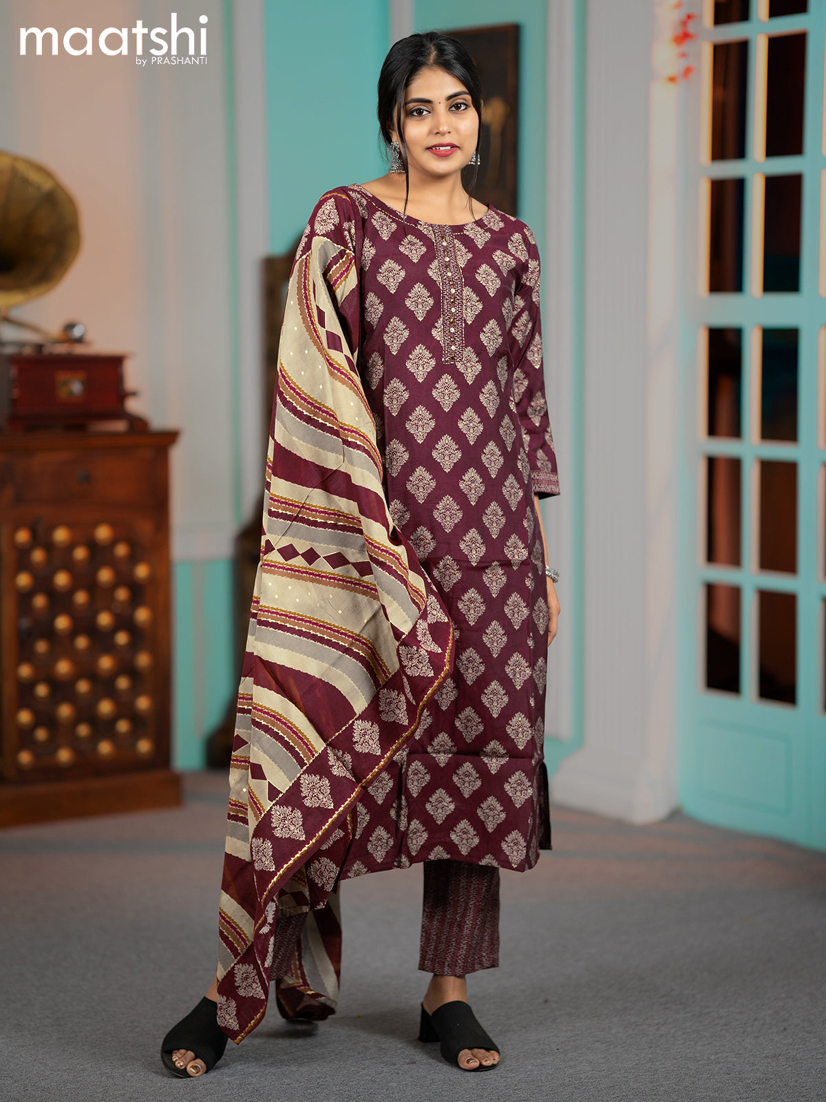 Modal readymade salwar suits maroon with butta prints & simple neck pattern and straight cut pant & dupatta