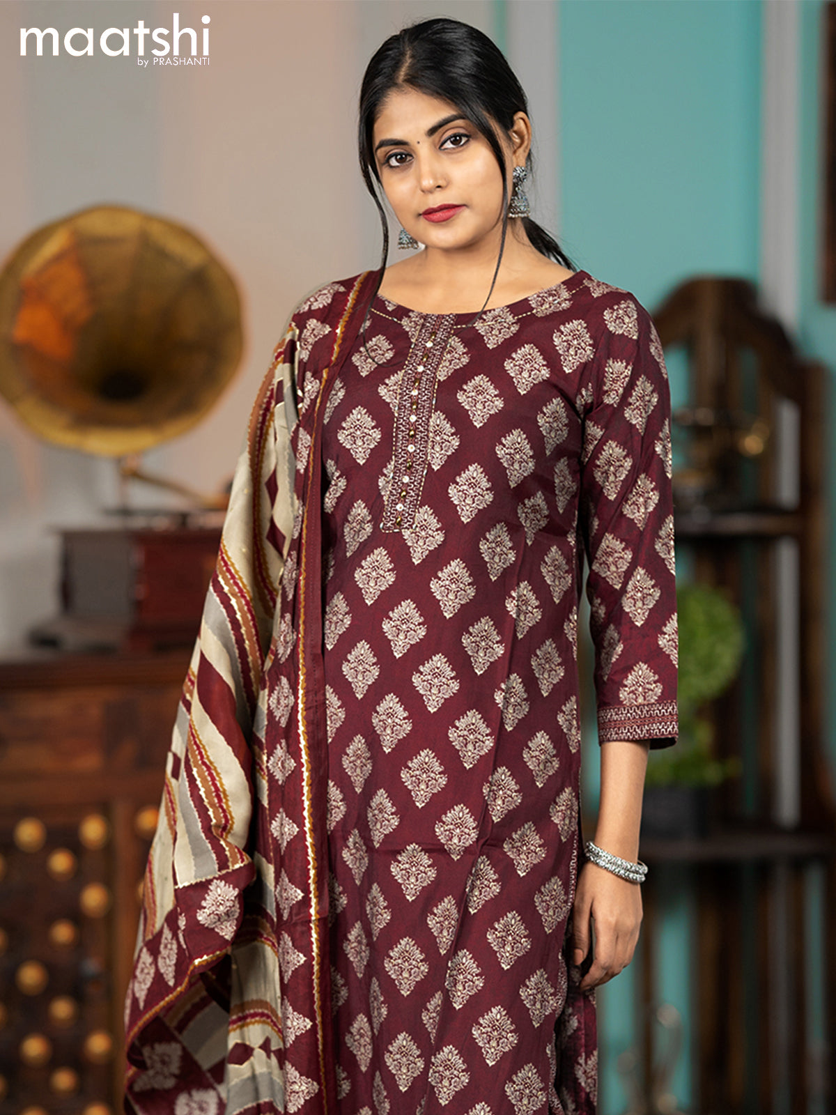 Modal readymade salwar suits maroon with butta prints & simple neck pattern and straight cut pant & dupatta